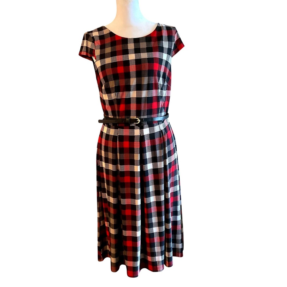 Liz Claiborne womens red black tan plaid dress cap sleeve belt pleated 6 NWT